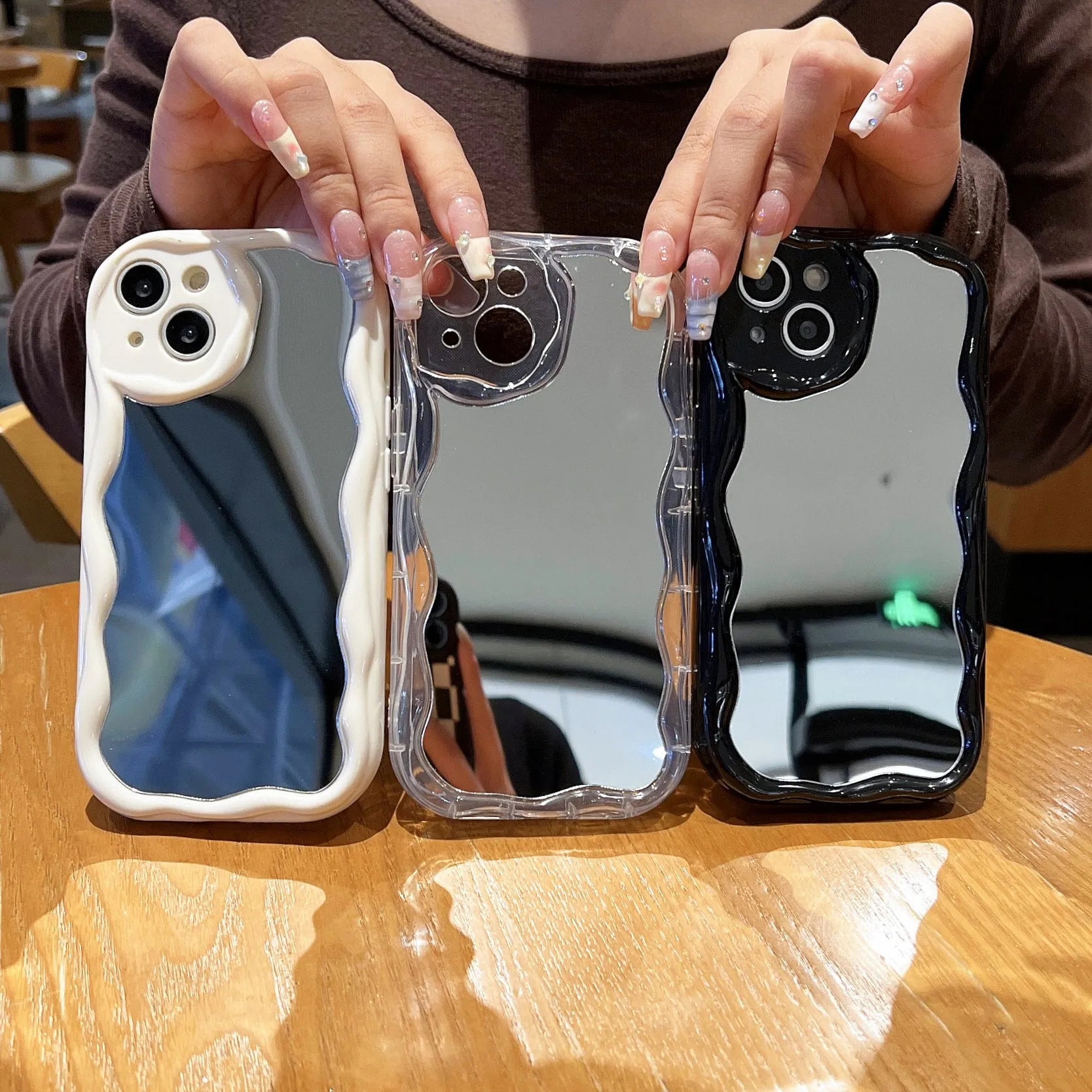 Cream pattern mirror phone case for iPhone with reflective back and drop-resistant TPU build