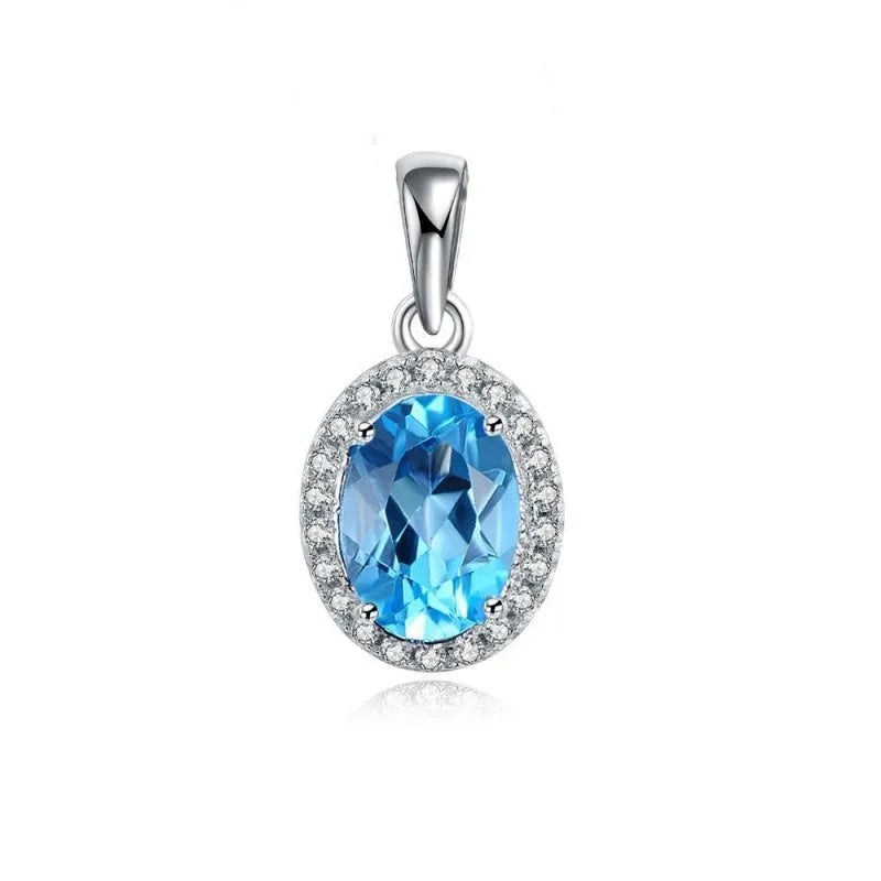Geometric 925 sterling silver jewellery set with blue topaz stones, showing necklace, earrings, ring, and pendant.