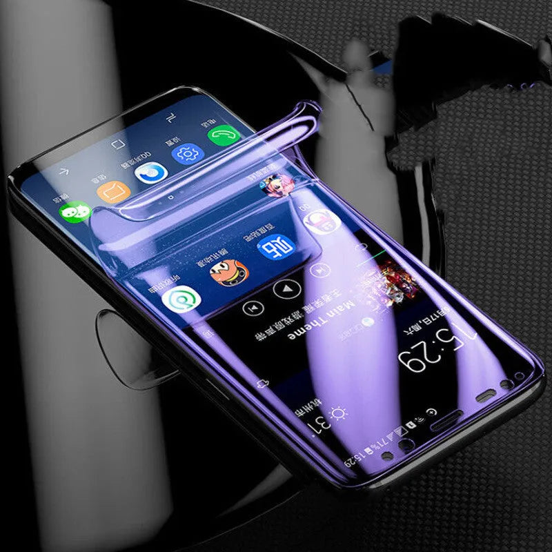 Curved Samsung phone screen protector with matte hydrogel film for scratch and fingerprint resistance