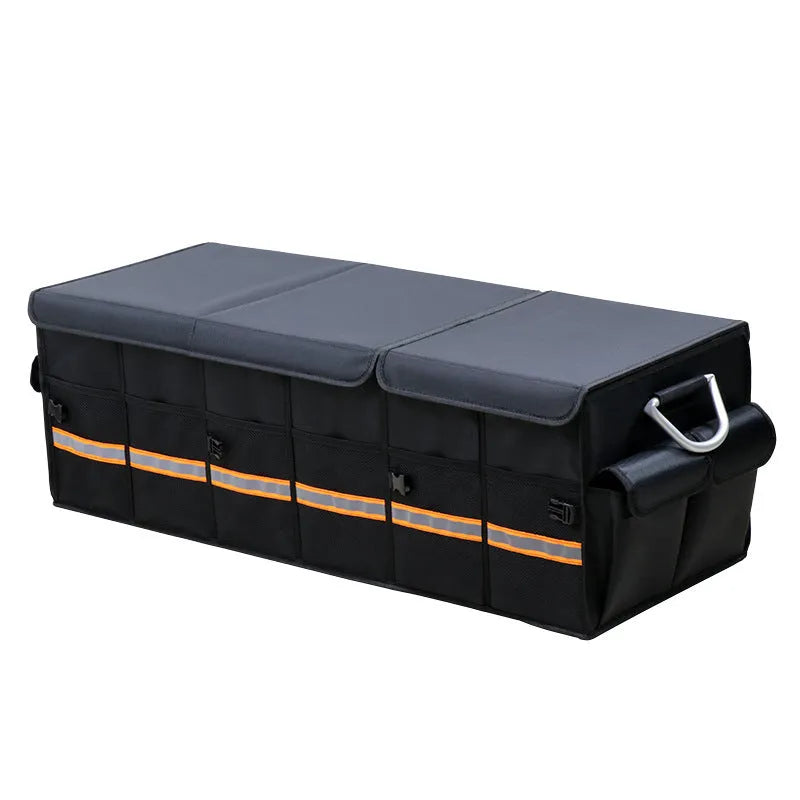 Foldable heavy-duty car trunk organizer in black with cover, 100L capacity, divided sections