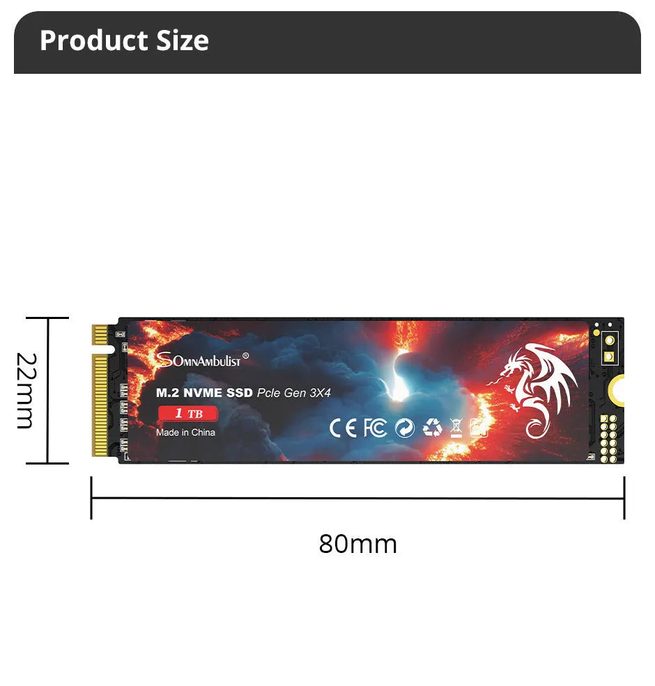 M.2 NVMe Solid State Drive for desktop computers, shown with capacity options from 128GB to 2TB.