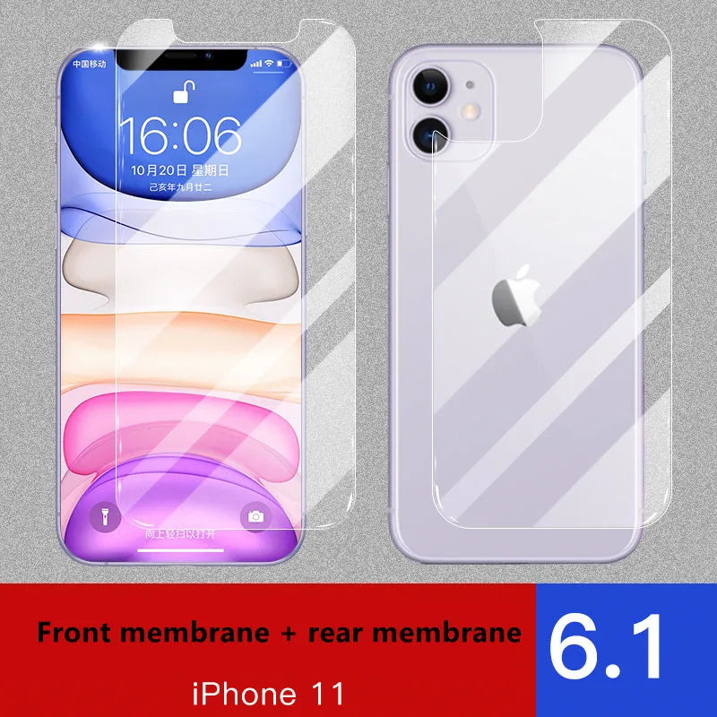Apple iPhone tempered glass screen protector set showing front and rear film with true 10D explosion-proof construction