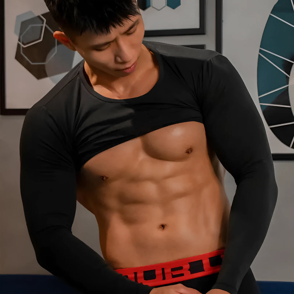 Men's sun proof high stretch long sleeve tights in black, polyester fibre, solid colour