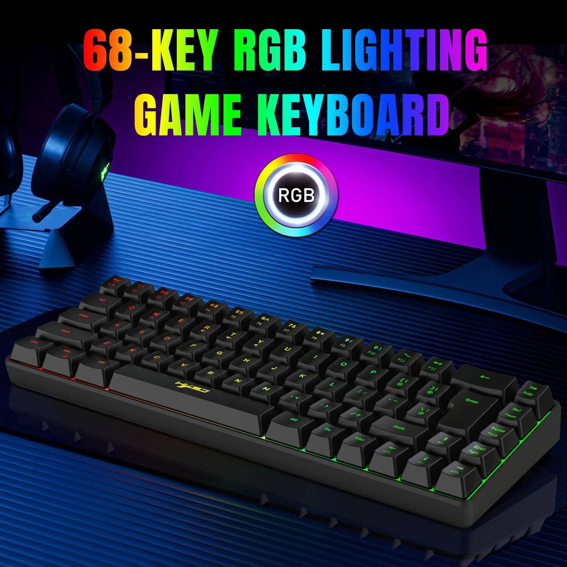 Mechanical feeling membrane gaming keyboard 68 keys wired ABS black compact 31cm