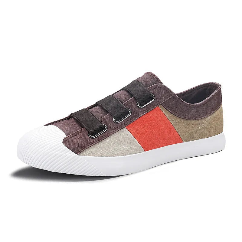 Men's low-top canvas sneakers with elastic band closure in beige colour