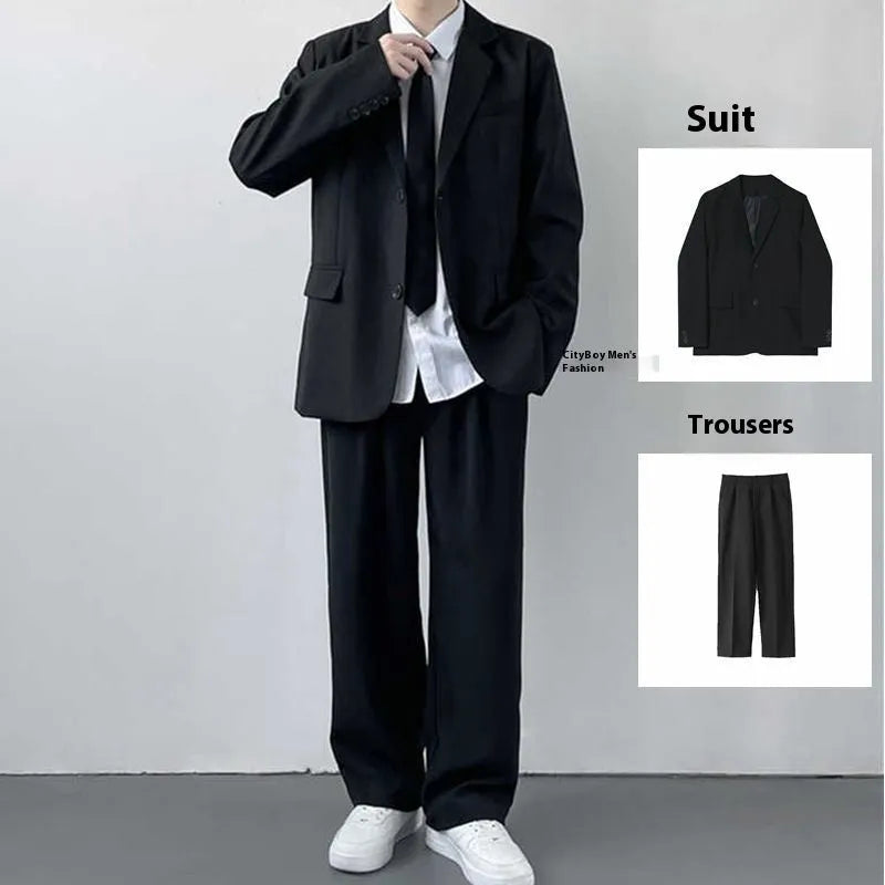 Men's plus size college style suit set with jacket, trousers, white shirt and tie in loose fit