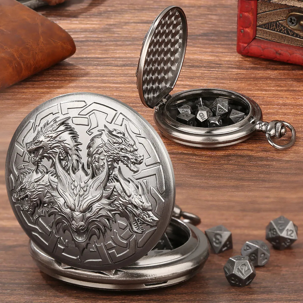Steampunk pocket watch shaped dice set open revealing 7 polyhedral dice in zinc alloy bronze finish on dark background