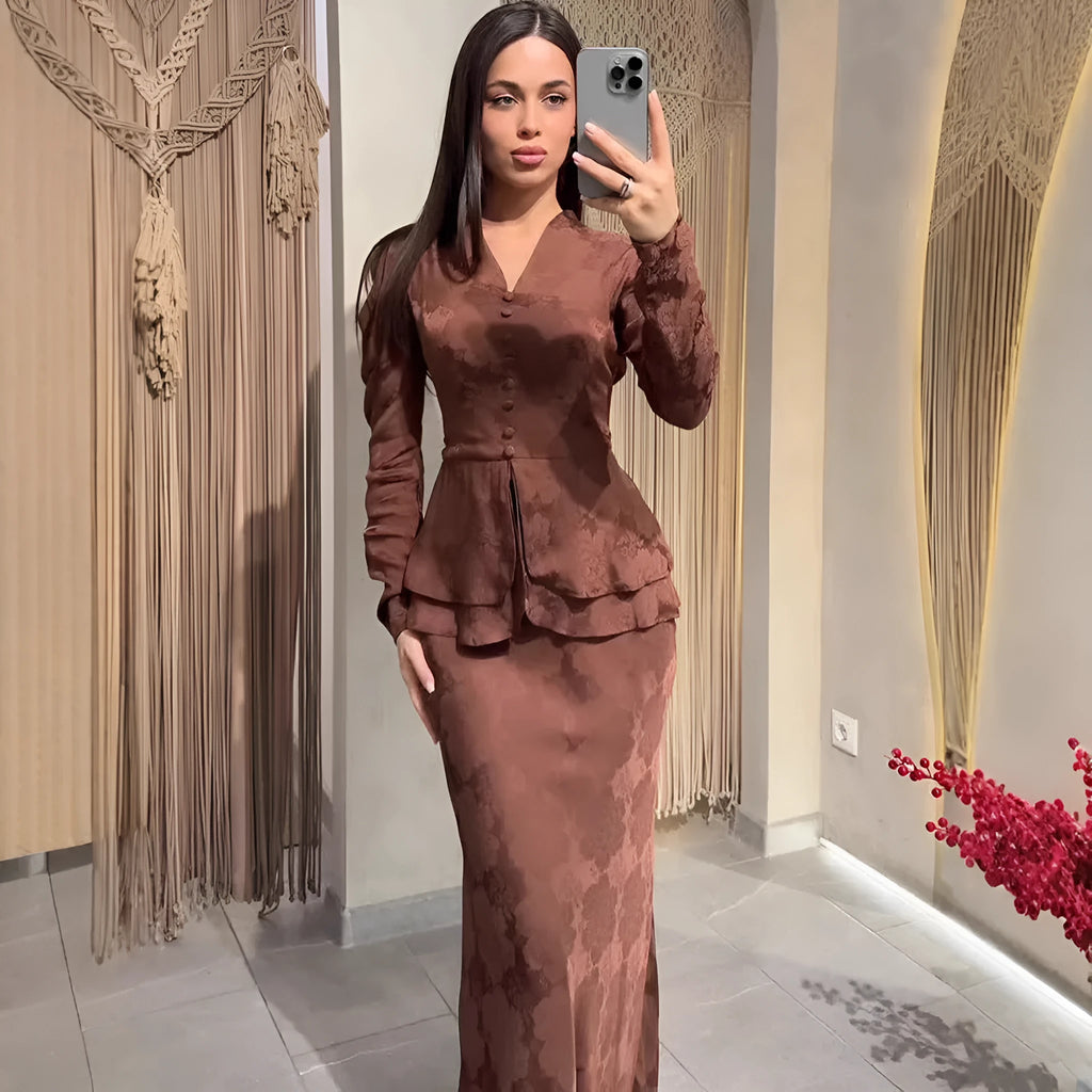Dark brown long sleeve floral dress with button details and a fake two-piece retro design.