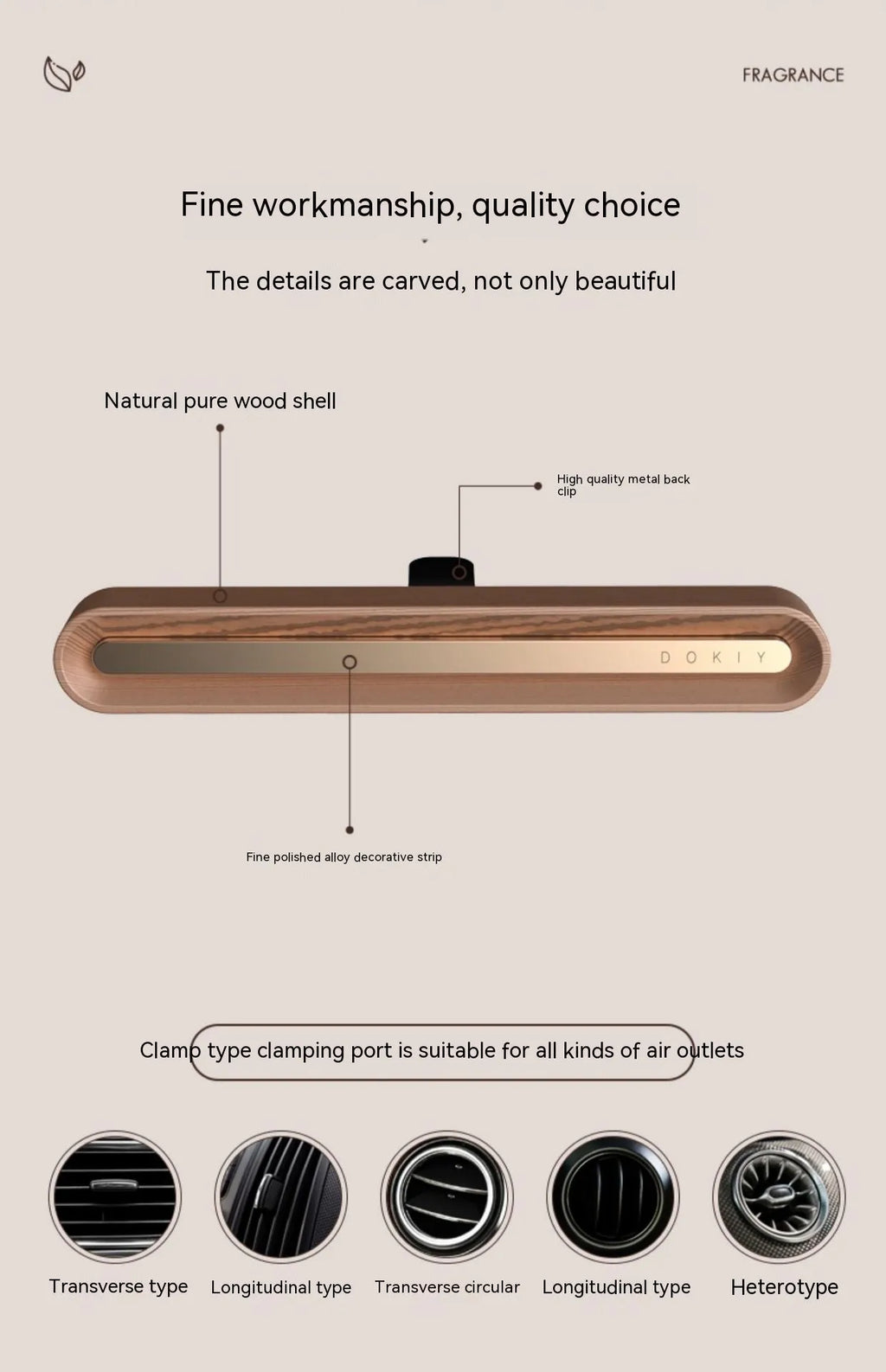 Solid wooden long bar car aromatherapy ornament for air vents in walnut colour.