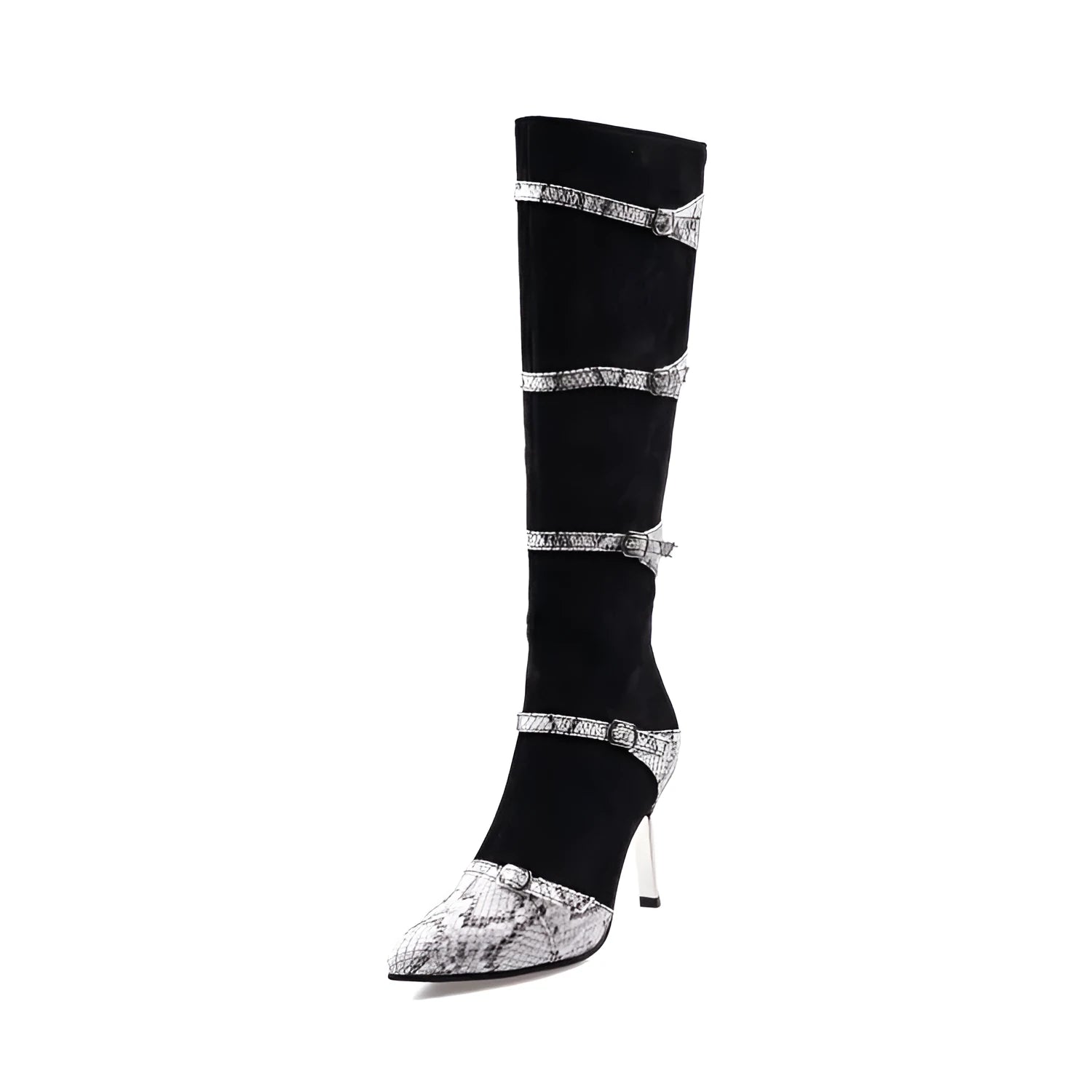 Women's knee-high black boots with stiletto heels and velvet lining