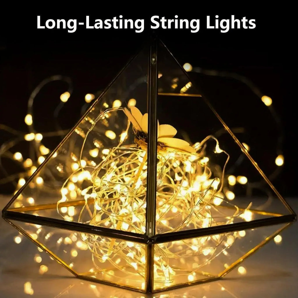 LED waterproof firefly string lights with warm white bulbs in 1m length on a dark background