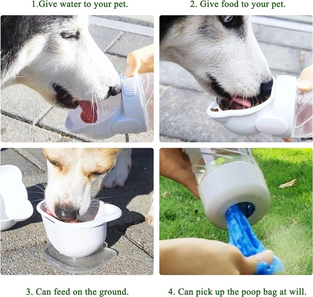 Green 3-in-1 portable pet water bottle with food container and waste bag dispenser for dogs and cats