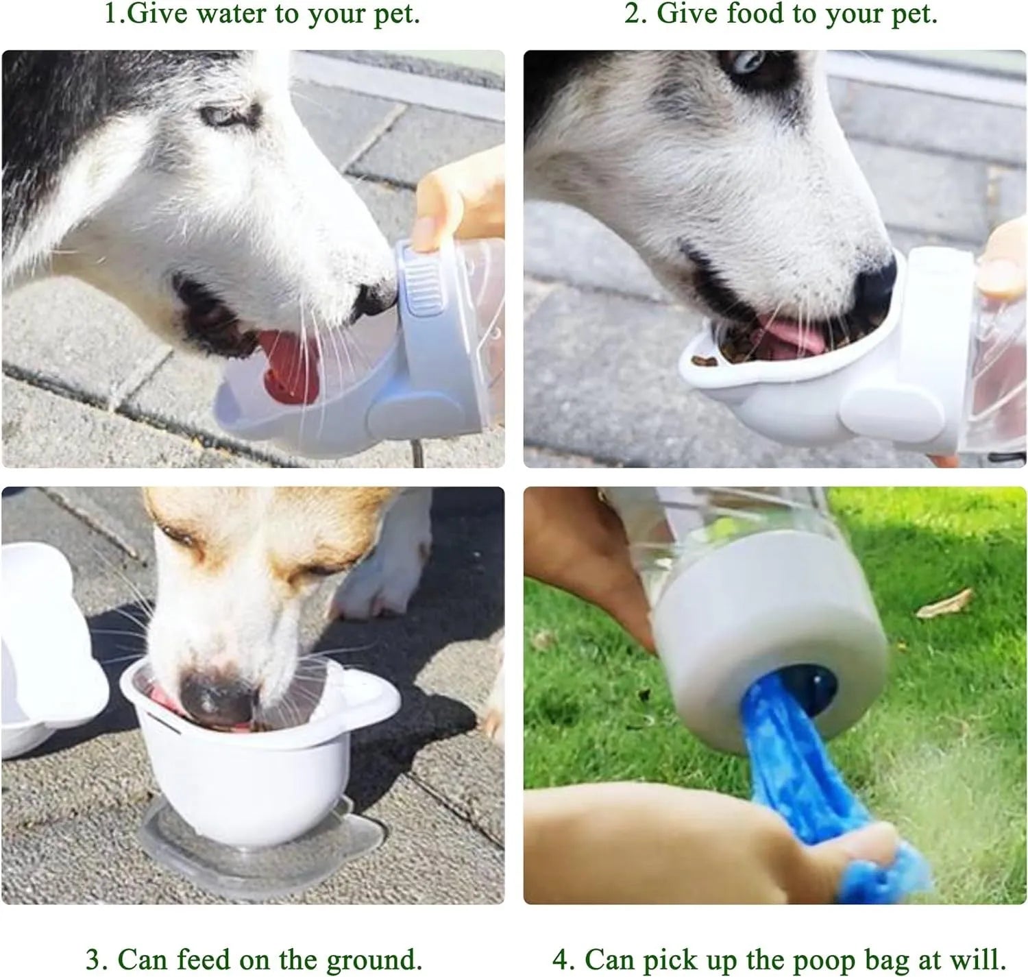 Green 3-in-1 portable pet water bottle with food container and waste bag dispenser for dogs and cats