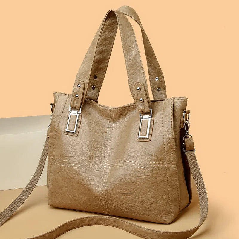 Soft PU women's handbag horizontal square shape with sewing thread detail in five colours black dark gray khaki lake blue yellowish brown