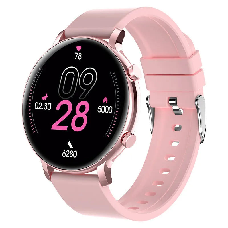 Black Bluetooth smartwatch with stainless steel strap on a wrist, showing call and health stats on screen.