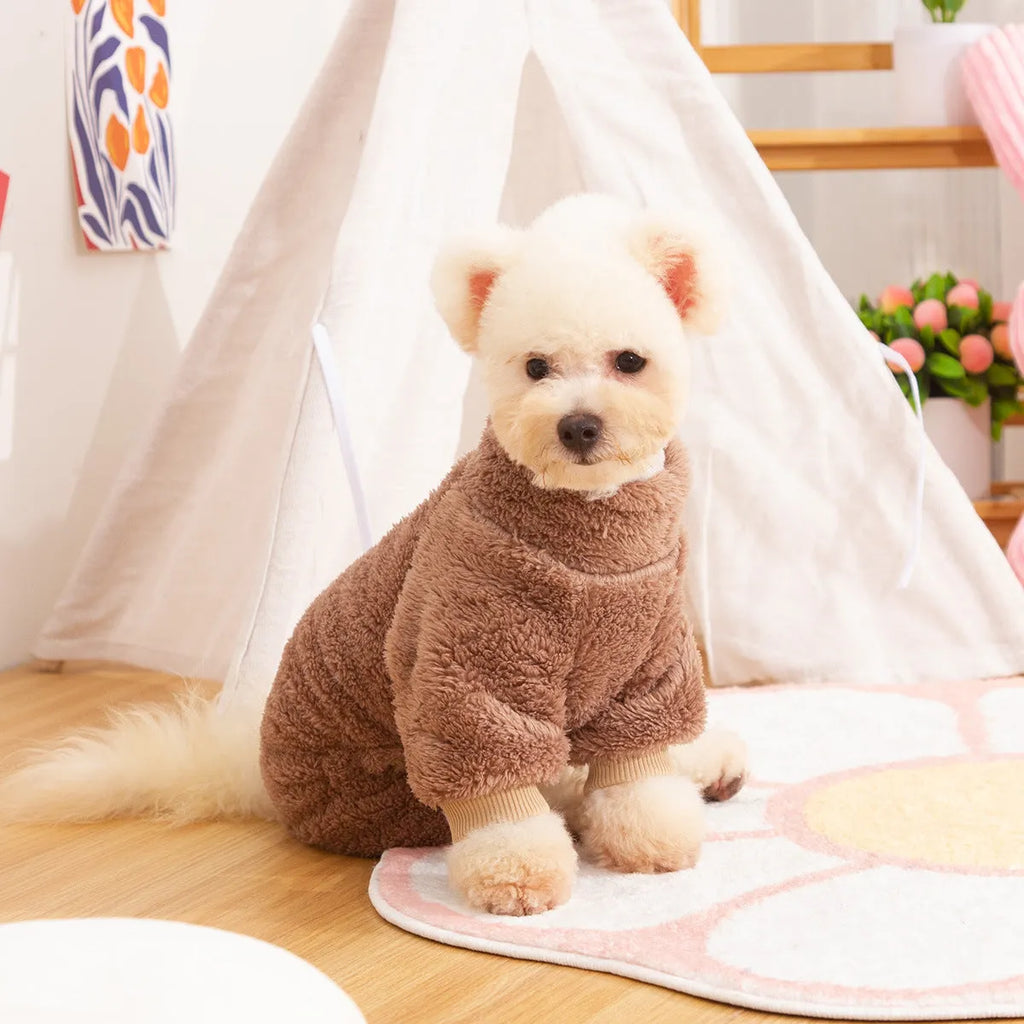 Four-legged dog clothing in blue with high collar and thick double-sided plush material for autumn and winter wear