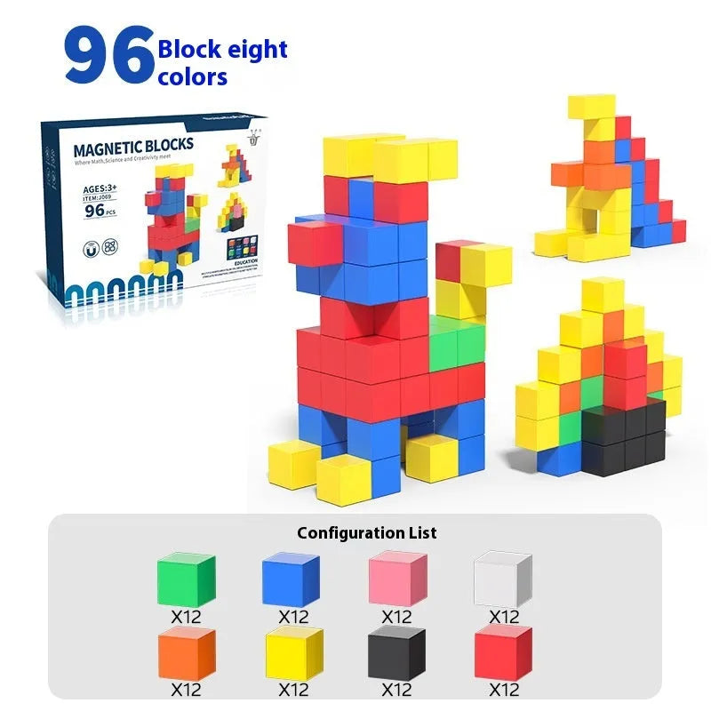 Magnetic cube building blocks set in solid colours, plastic material, 19 by 2.8 by 10 cm colour box packaging