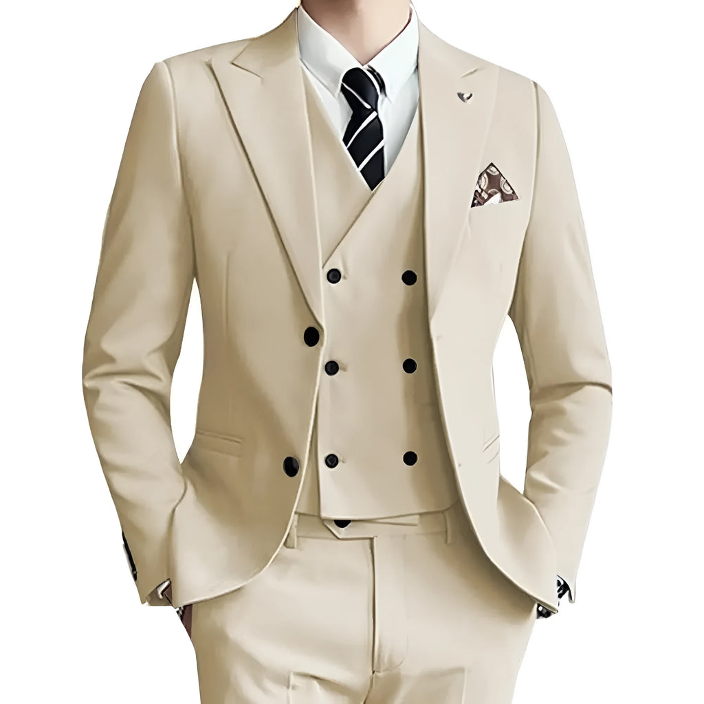 Men's three-piece suit set in linen blend fabric with jacket, waistcoat, and trousers, colour silver grey, front view