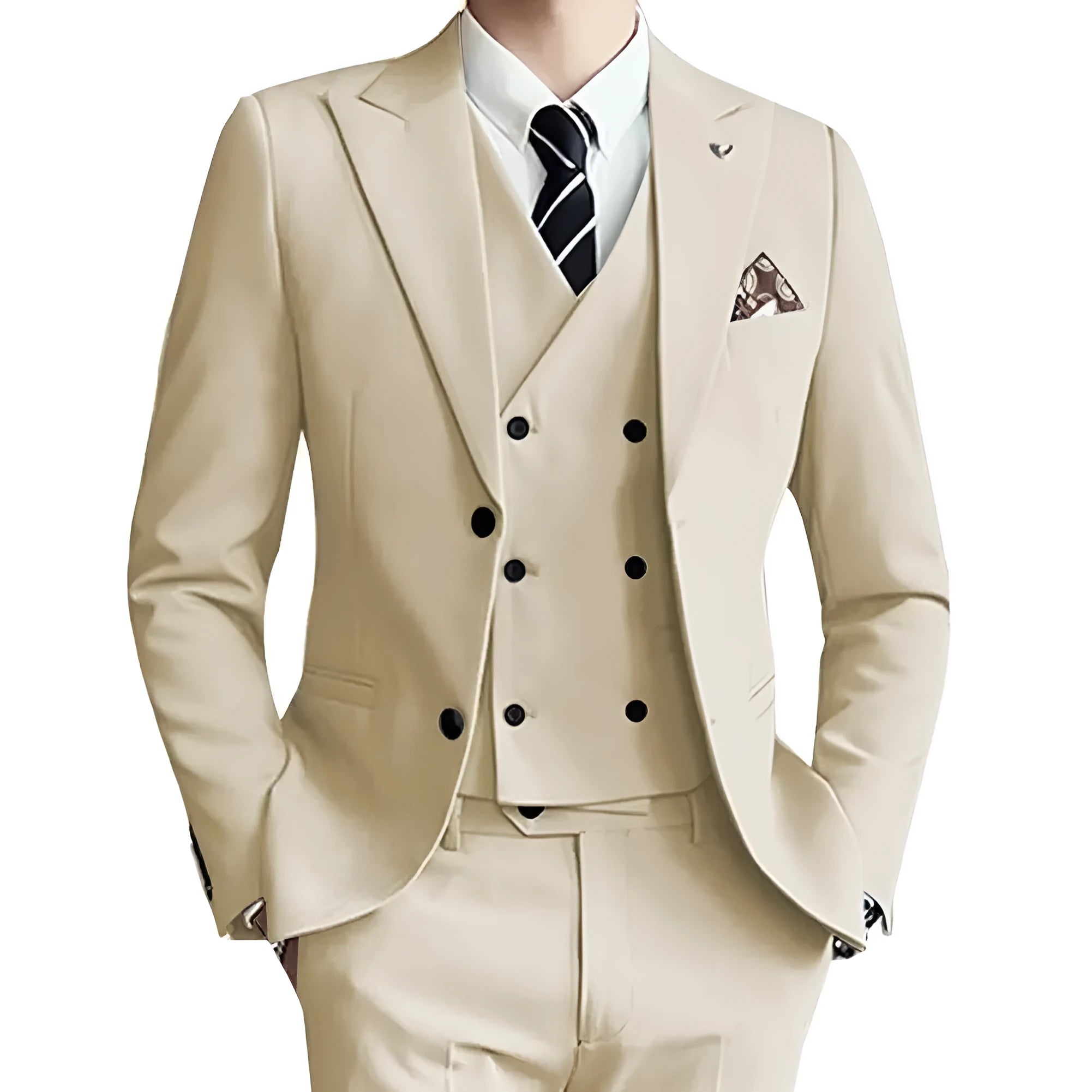 Men's three-piece suit set in linen blend fabric with jacket, waistcoat, and trousers, colour silver grey, front view