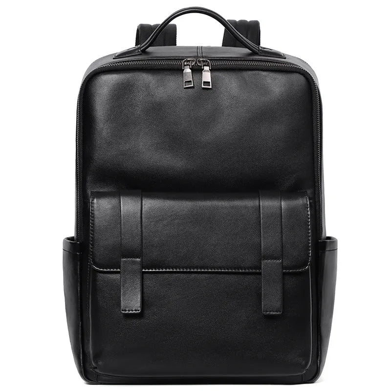 Men's black leather computer backpack showing front view with woven design elements