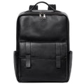 Men's black leather computer backpack showing front view with woven design elements
