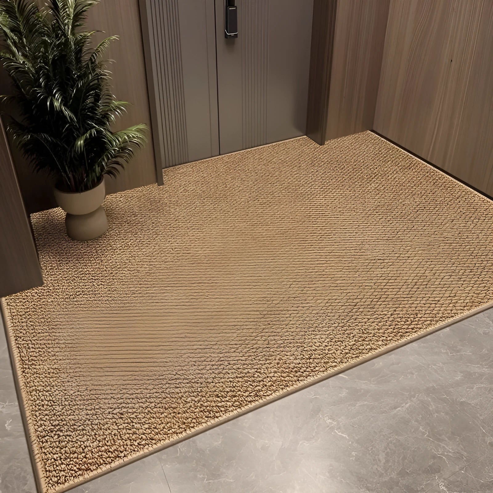 Thickened wear-resistant woven floor mat in camel polypropylene fibre, available in multiple sizes for home entrance use