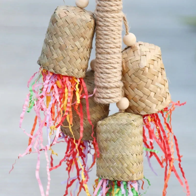 35cm sisal rope parrot chewing toy with wooden blocks and colourful shredded paper hanging from cage bars