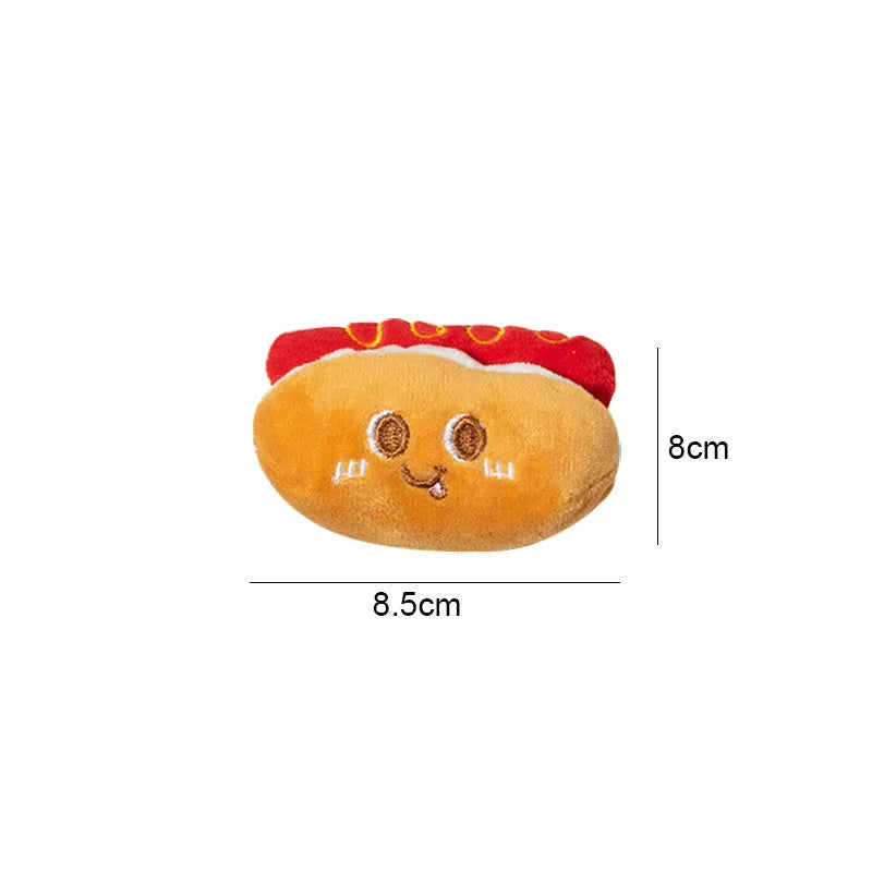 Set of five soft cat chew toys shaped like a hamburger, chicken leg, fries, bread, and hot dog for teething kittens.