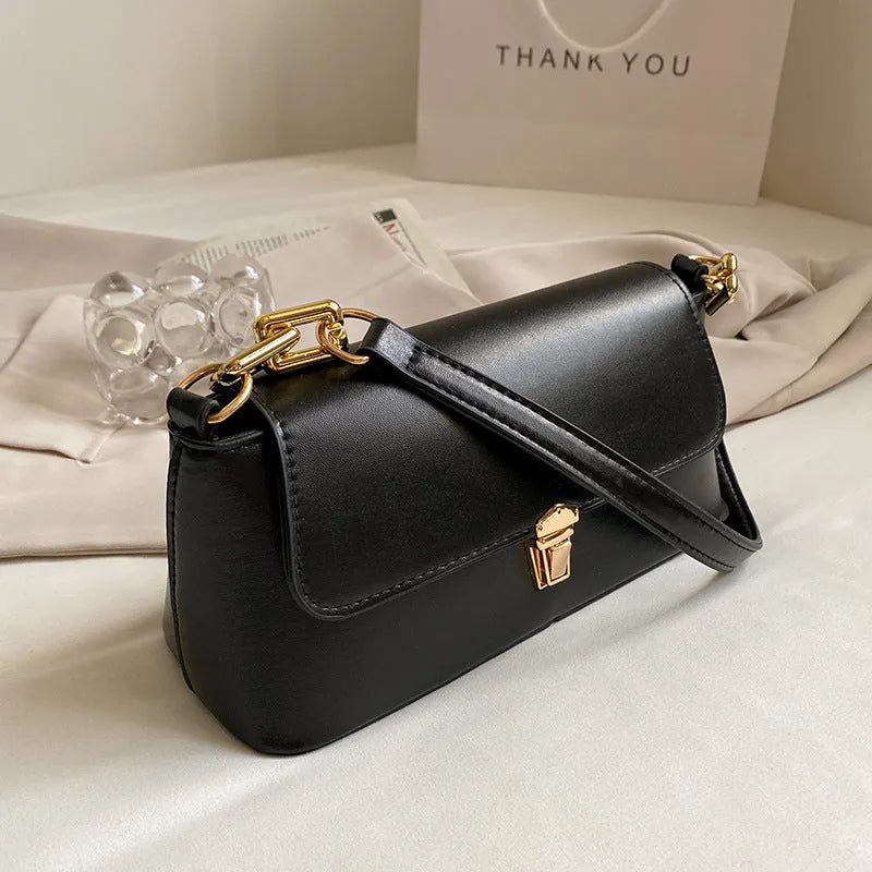Brown PU leather underarm shoulder bag with square shape, sandwich pocket front and adjustable shoulder chain
