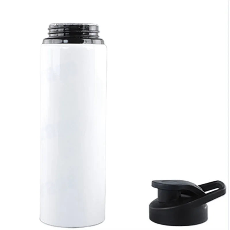 White aluminium sports water bottle shown with 600ml and 750ml capacity options