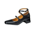 Square-toe chunky heel women's pumps in black with rhinestone decoration on PU upper