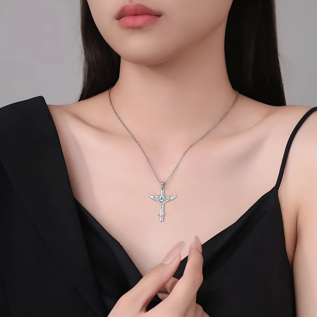 Copper cross stethoscope necklace with wings charm in white diamond or red diamond electroplated finish