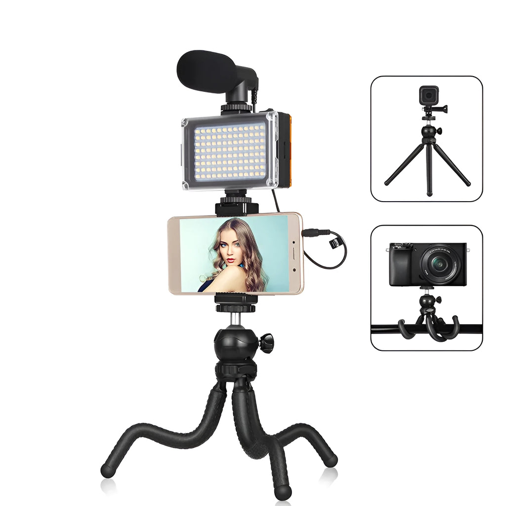 Black octopus tripod with flexible legs and fill light microphone for Apple iPhone live broadcasting