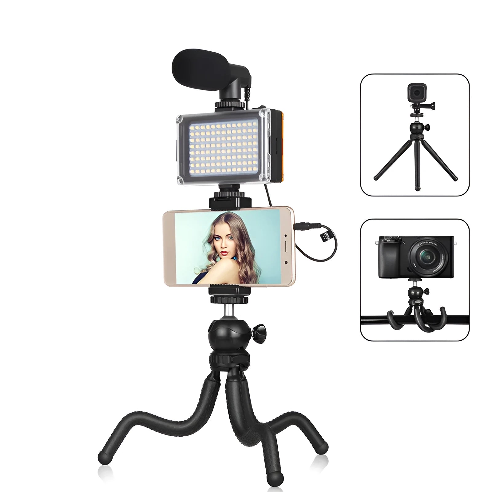 Black octopus tripod with flexible legs and fill light microphone for Apple iPhone live broadcasting