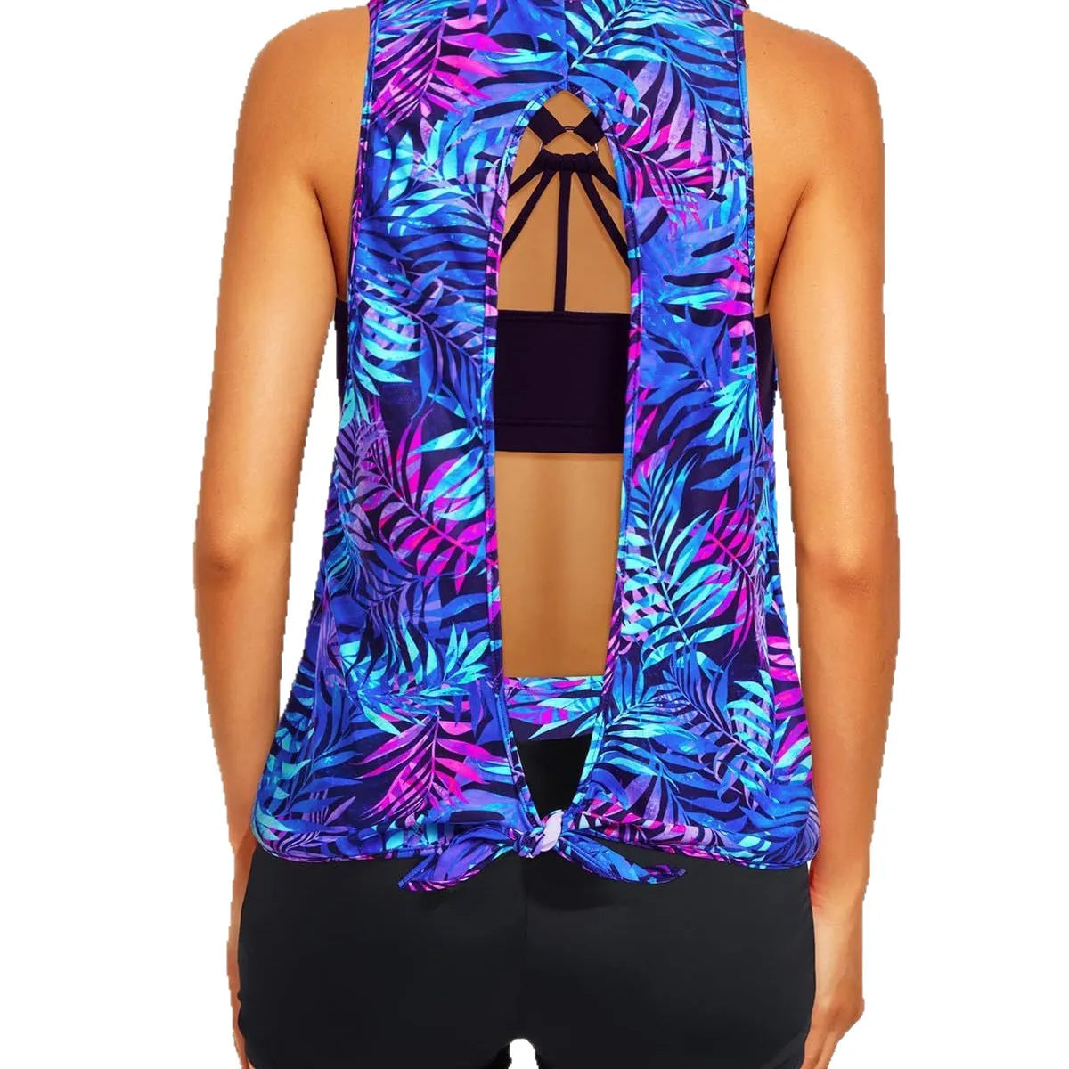 Women's printed swimsuit set with hollow back and covered belly, three pieces: short sleeve top, vest, shorts, in camouflage colour on white background