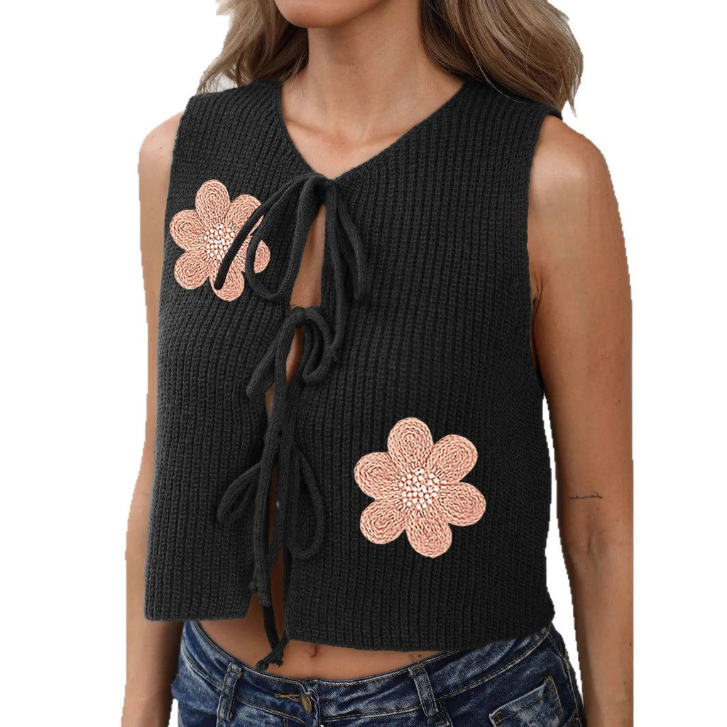 Short 40cm ladies vest cardigan with lace-up bow front and floral pattern in deer plush fabric