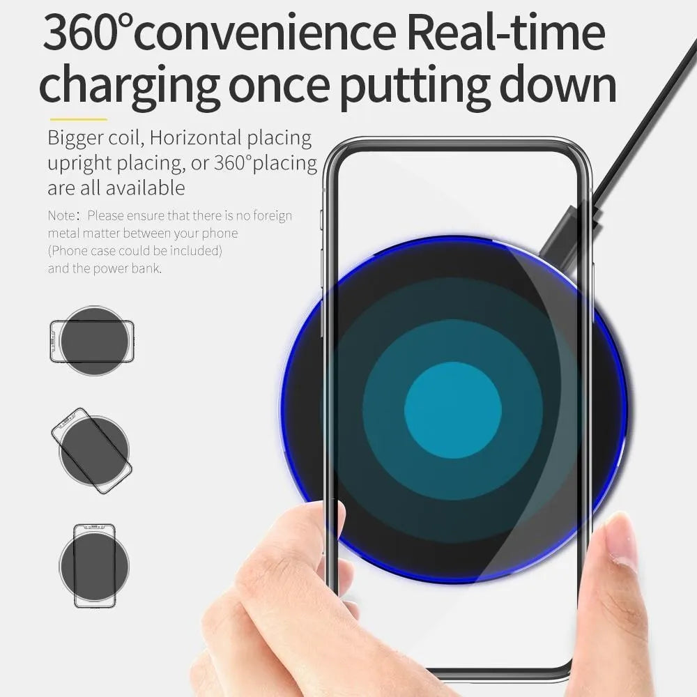 Black on black ultra-thin wireless fast charger with 98mm diameter aluminium construction