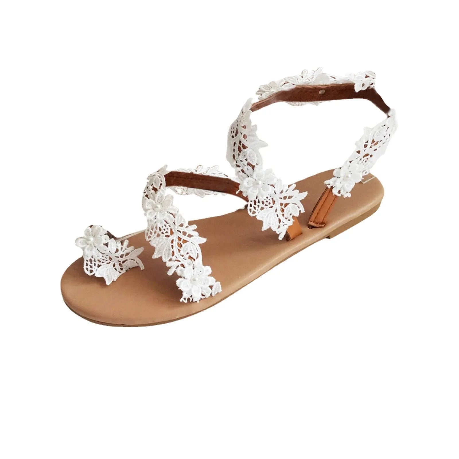 White patent leather bohemian roman sandals with flower pattern and rhinestones