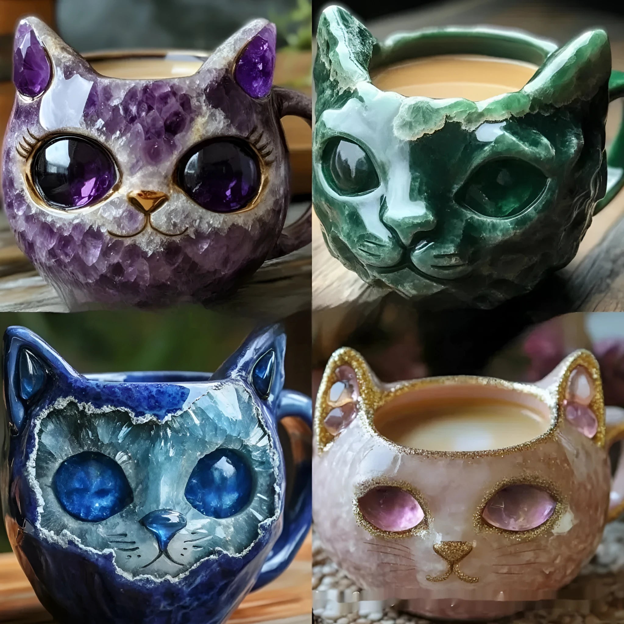 Purple geode crystal cat mug resin craft with synthetic resin construction measuring 11x8x9cm
