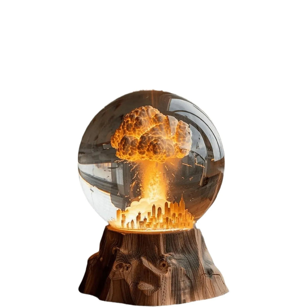 Close-up of a 3D atomic bomb explosion lamp in resin with hand-painted details, showing a mushroom cloud shape on a desk