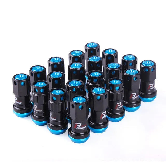 Aluminium alloy forged automobile wheel hub nut in various colours including red, gold, blue, purple, and black combinations.