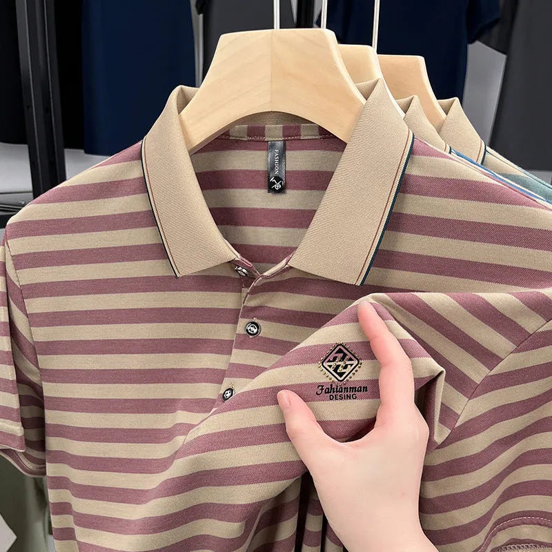 Men's striped casual short sleeve shirt with mosaic pattern in polyester fabric