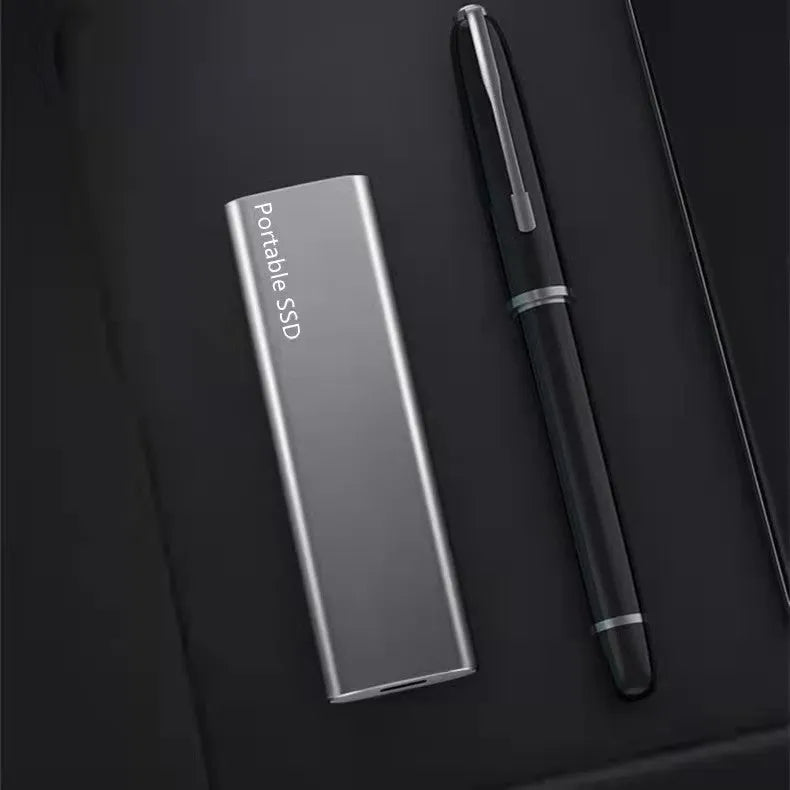 Ultra-thin metal external solid-state drive with red interface, shown alongside capacity options.