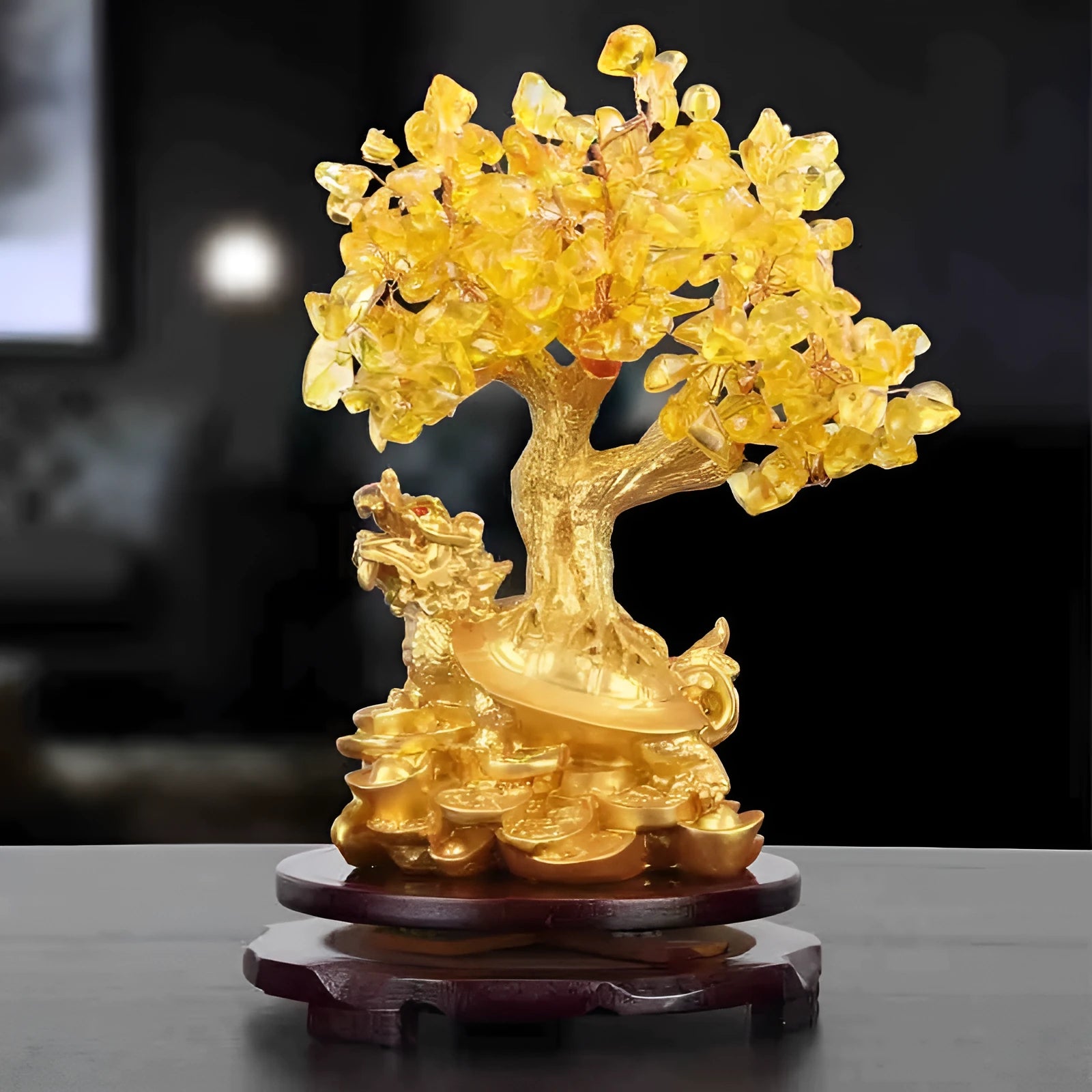 Citrine-coloured small water turtle money tree Feng Shui ornament in Chinese style resin construction