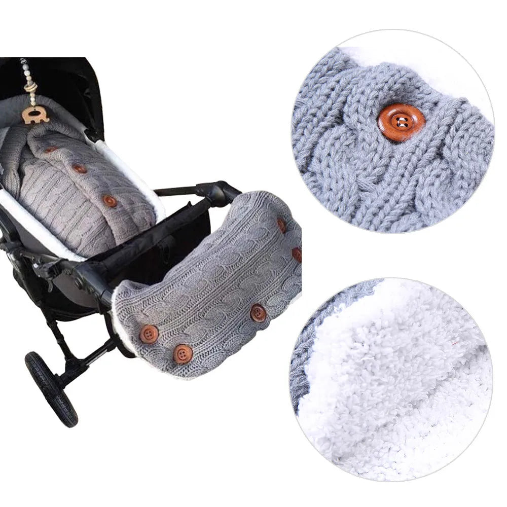 Baby sleeping bag in beige with button opening and matching pram handrail set