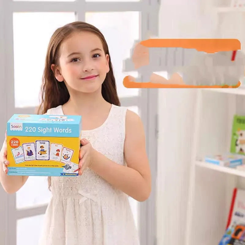 Early learning flashcard set showing 220 high frequency word cards and five phonics workbooks for age 3+.