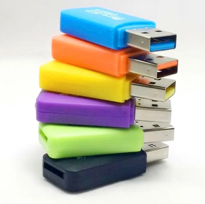 A small, white mini USB card reader for TF and SD memory cards on a grey background.