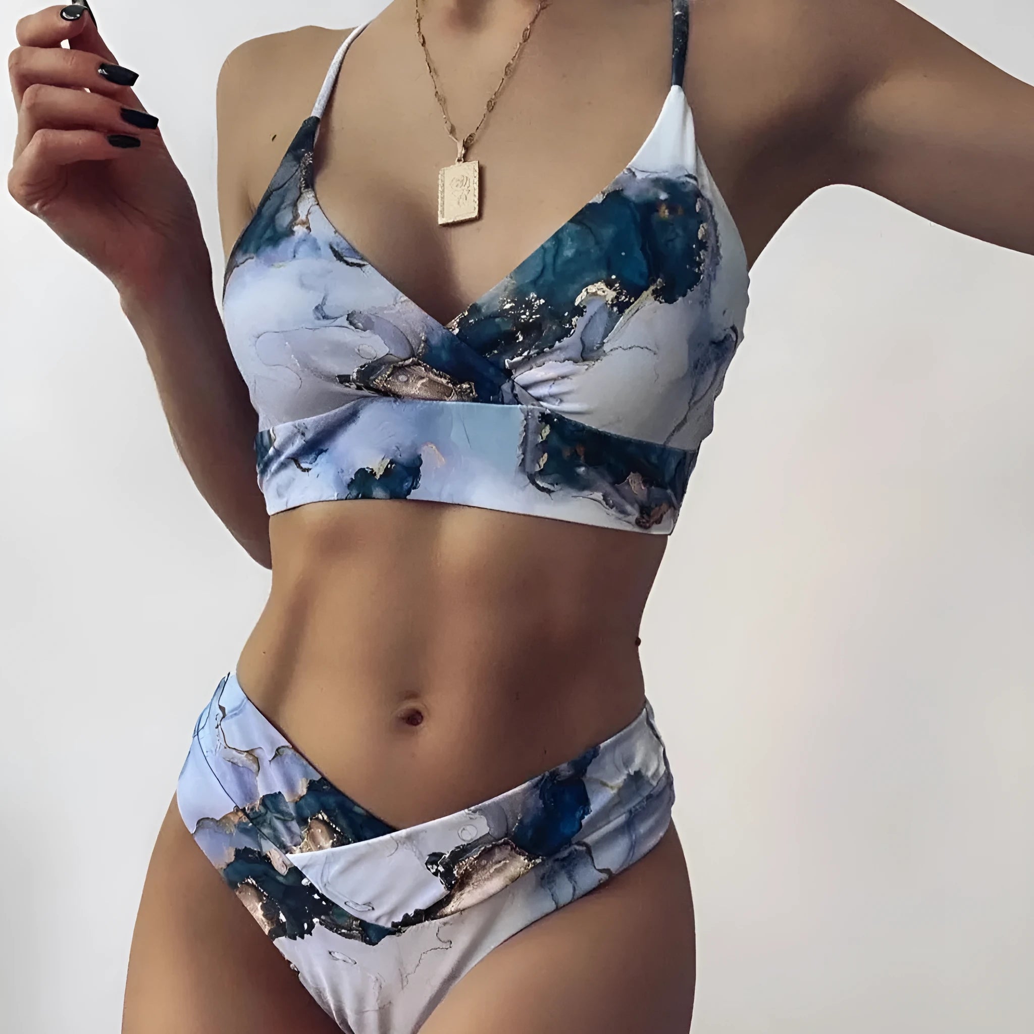Women's marble tie-dye printed high-waist bikini with U-neck top in multiple colour variations