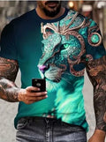 Men's black t-shirt with a large raised 3D print of a fierce lion's head on the front.
