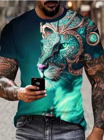 Men's black t-shirt with a large raised 3D print of a fierce lion's head on the front.